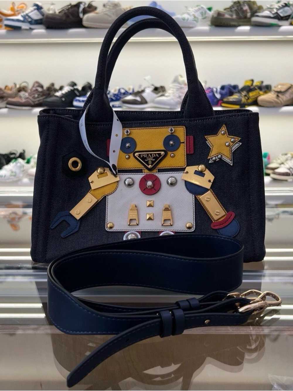 Prada Black Denim Robot-Appliqué Satchel with Navy Strap
